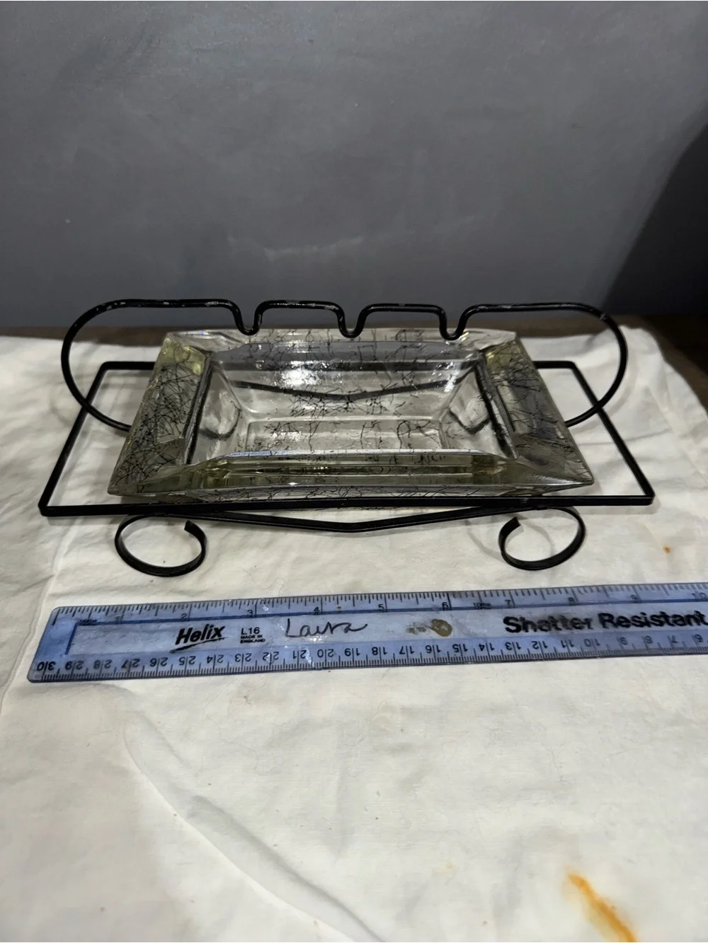 Vintage Mcm Metal stand spaghetti splatter glass ashtray